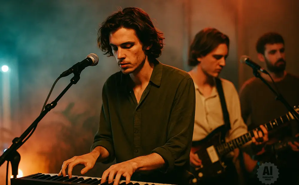 Man playing a keyboard with two guitarists in the background, under moody lighting.
