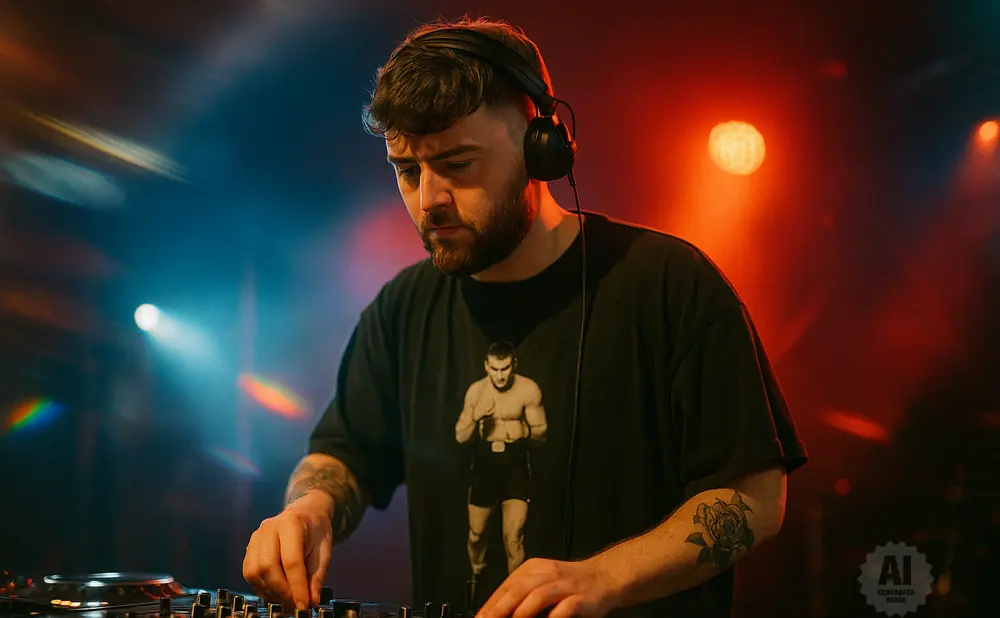 A DJ wearing headphones and a t-shirt with a boxer graphic, operating a soundboard in a dimly lit club.