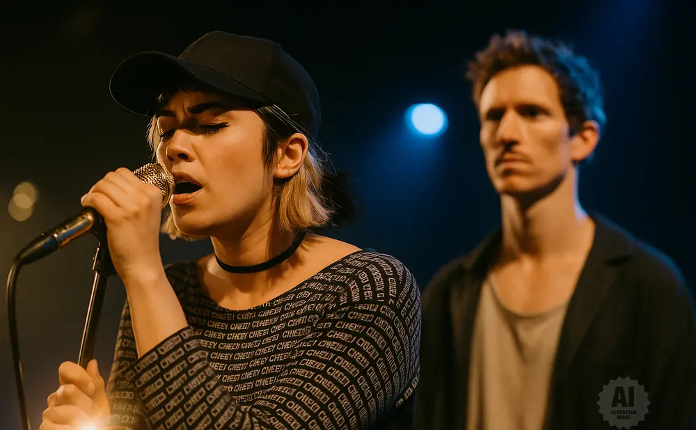 Singer with a baseball cap sings into a microphone, with a man in the background.