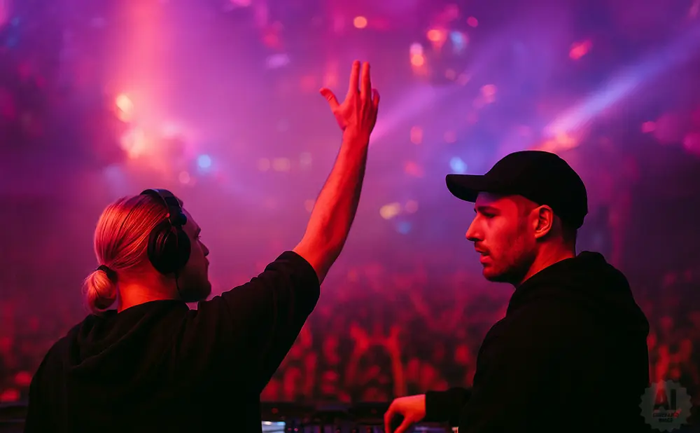 Two DJs in a club, one with headphones raising his arm, the other in a cap operating equipment.
