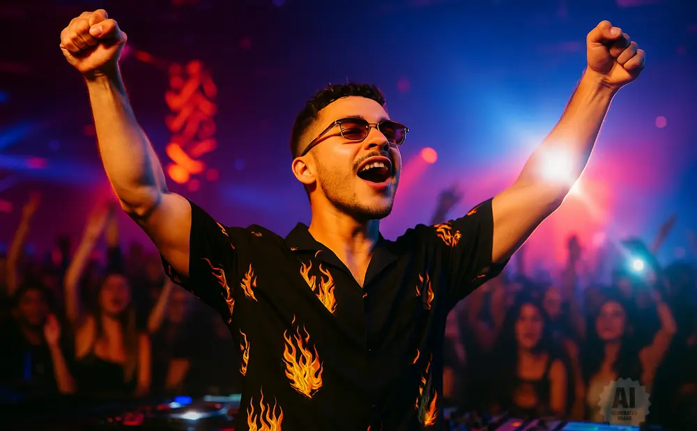 A DJ in a flame shirt with arms raised in celebration, with a crowd in the background under colorful lights.