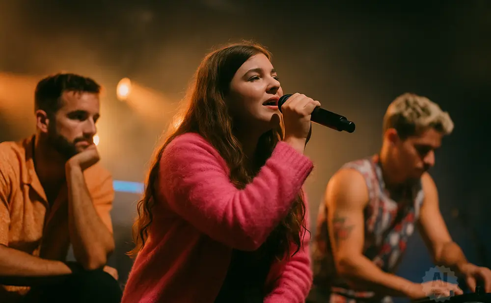 A female singer in a pink sweater holds a microphone, while two men in the background are on stage.