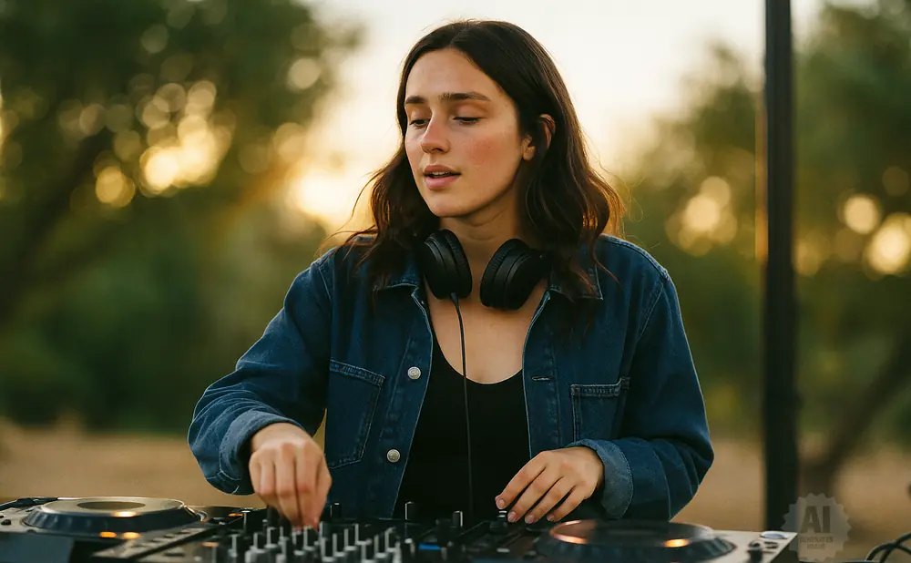 A young woman with headphones around her neck DJs at a mixer outdoors, with trees and golden light in the background.