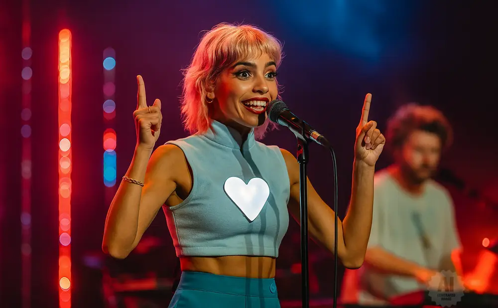 Singer with pink hair and a blue outfit with a glowing heart on her chest, performing on stage with lights and a musician in the background.