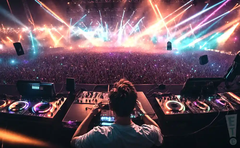 a rear view photo of major league djz performing a concert on stage to a lively audience