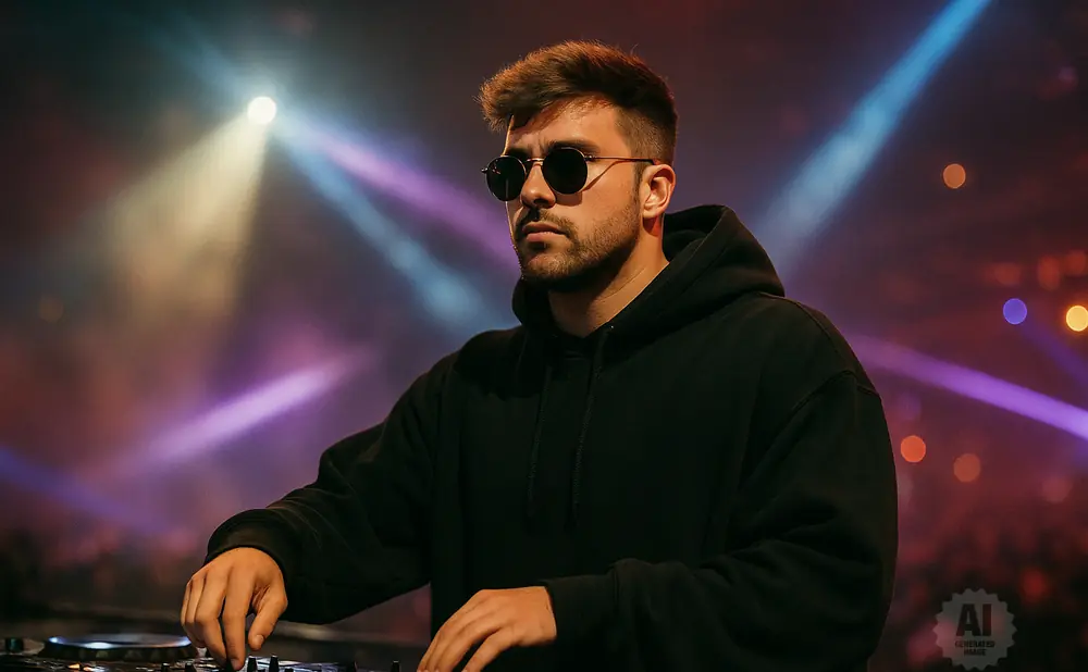 A DJ in sunglasses and a black hoodie plays music at a console with colorful lights in the background.