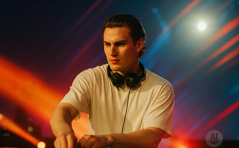 A young man with headphones around his neck works a DJ mixer, illuminated by vibrant orange and blue stage lights.