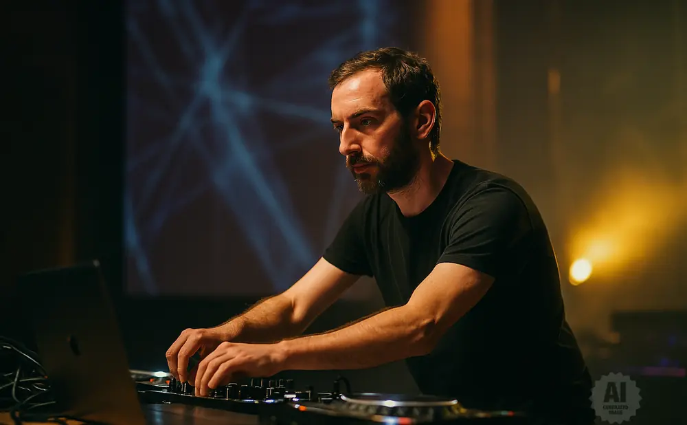 Man with a beard in a black t-shirt operating DJ equipment and a laptop with a blue light display behind him.