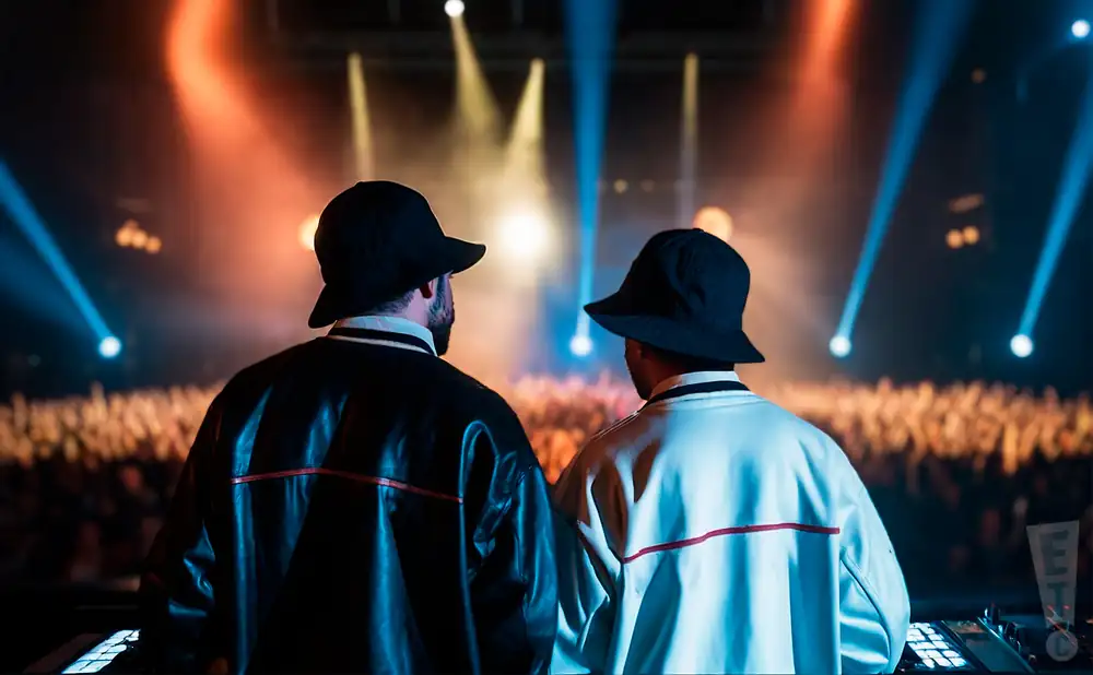 a rear view photo of moksi performing a concert on stage to a lively audience