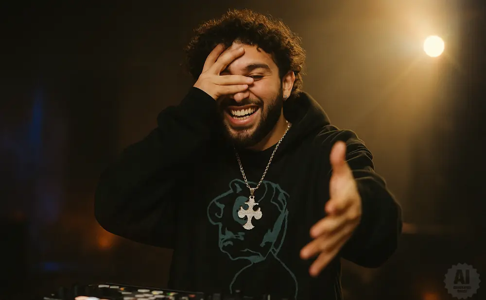 A laughing man with curly hair holds his hand to his face and extends his other hand.