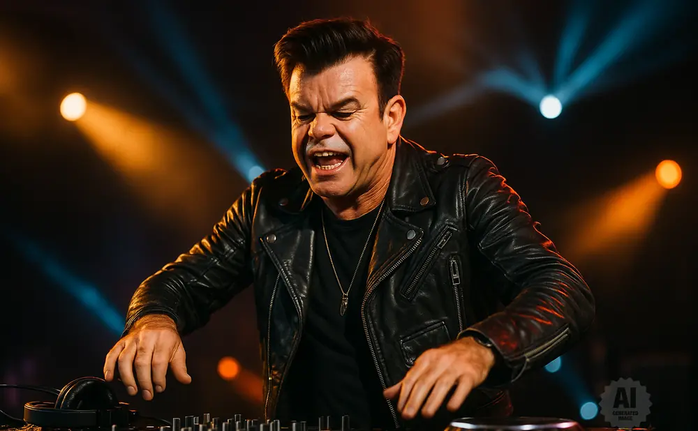 DJ in a leather jacket performing, with colorful stage lights in the background.