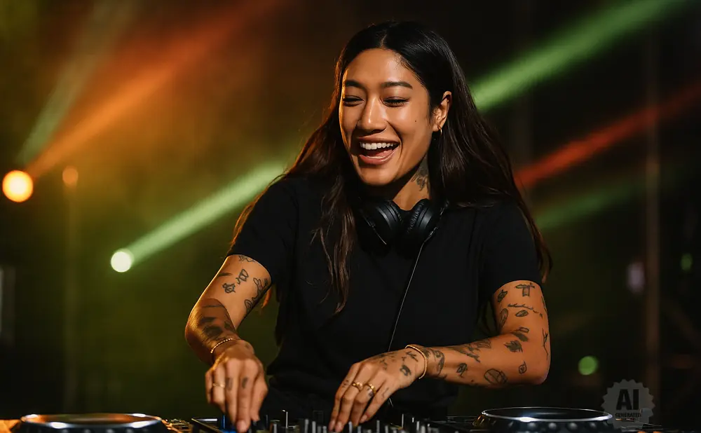 A smiling woman with tattoos on her arms is mixing music on a DJ setup.