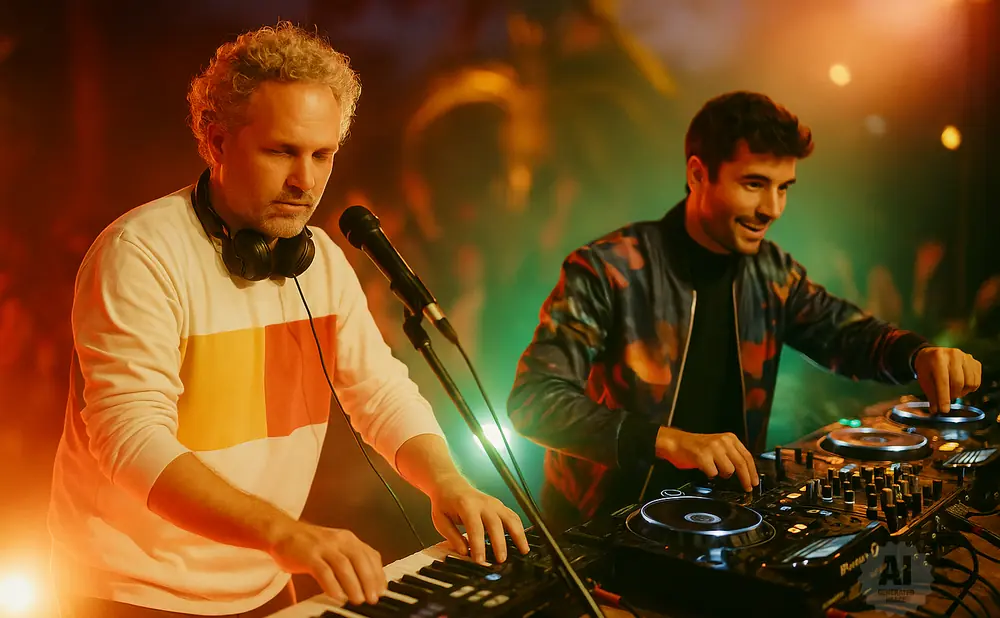 Two DJs perform with a keyboard and turntables, bathed in warm stage lighting.