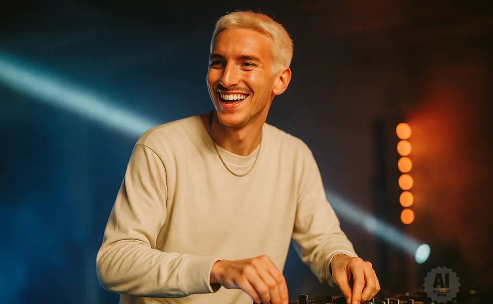 A smiling DJ with blond hair, wearing a light sweater, operates a DJ mixer with colorful lights in the background.