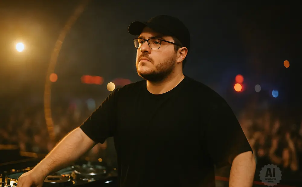 A man wearing a black t-shirt and black baseball cap DJing in front of a crowd with lights.