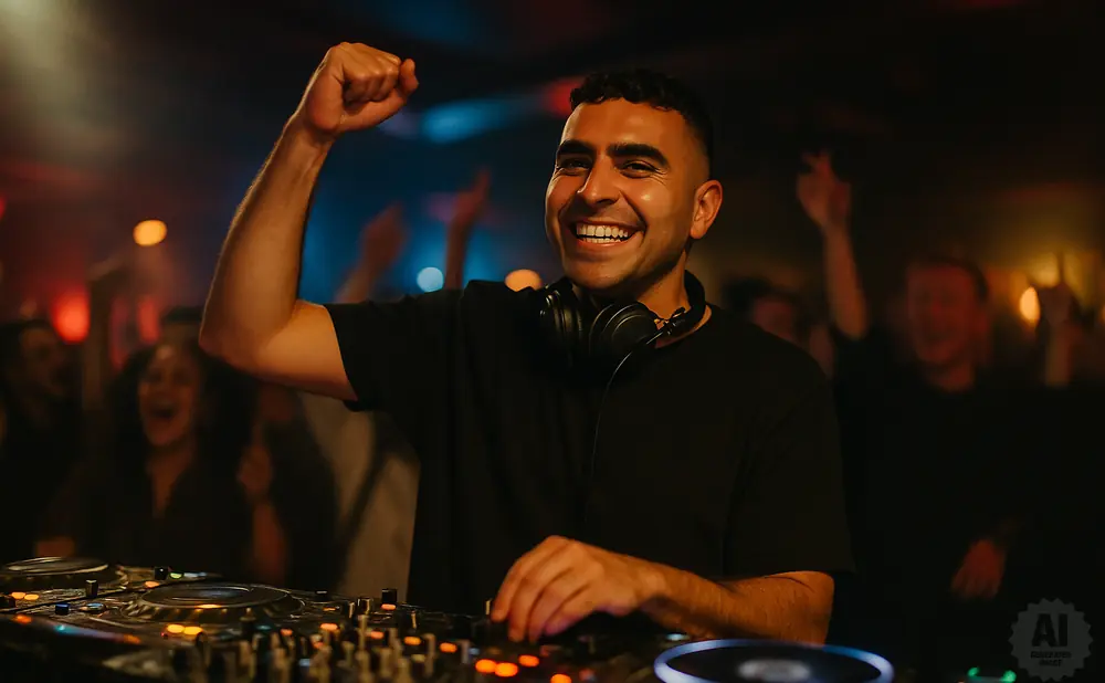 A DJ in a black t-shirt with headphones around his neck raises his fist in celebration while working at a DJ booth in a dimly lit club.