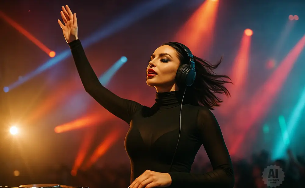 A female DJ in a black outfit with headphones, raising one arm while mixing music with colorful lights in the background.