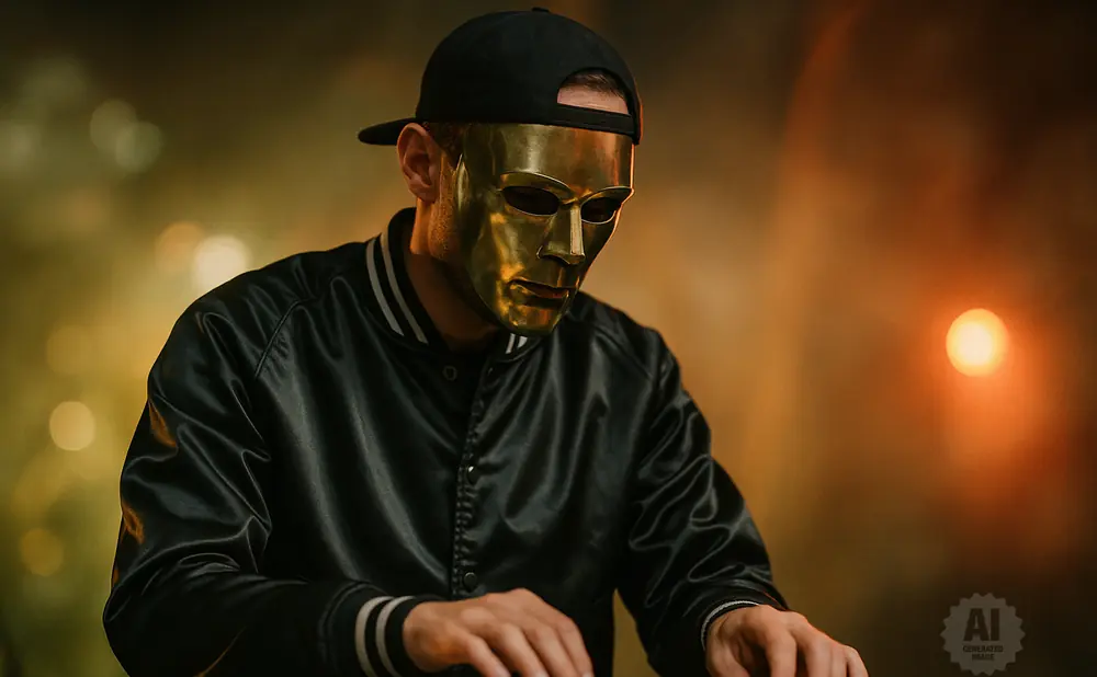 Person wearing a gold mask and baseball cap plays a keyboard, with warm, blurred lights in the background.