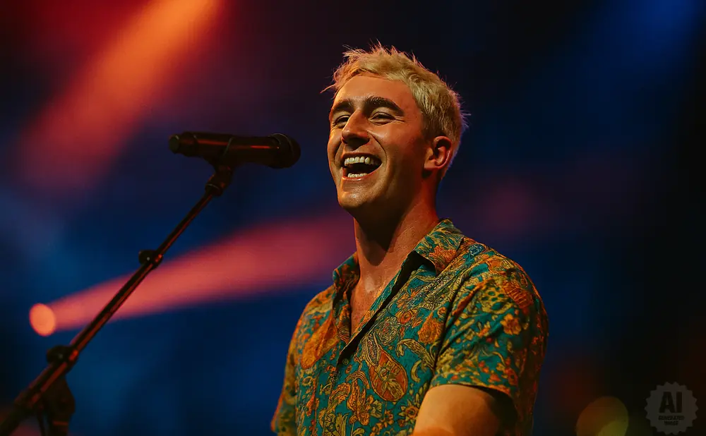 A man with blonde hair sings into a microphone on a stage, wearing a colorful patterned shirt.