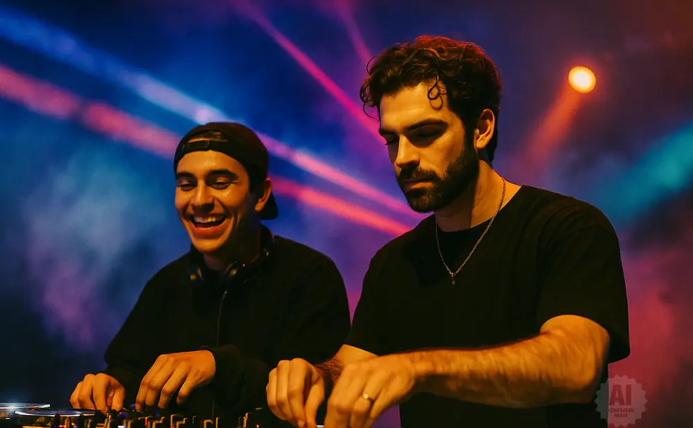 Two DJs joyfully mixing music with colorful stage lights and smoke behind them.