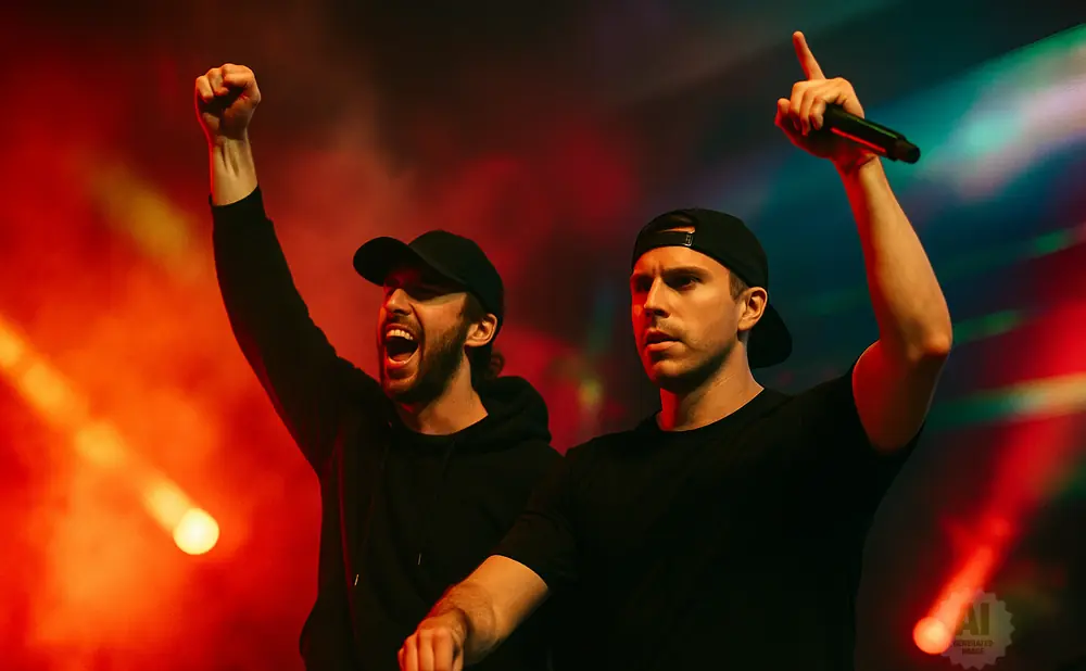Two DJs in black t-shirts and baseball caps on stage with red and blue lights.