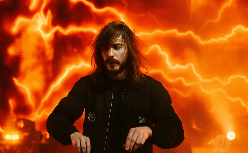 DJ with long brown hair and a beard, wearing a black jacket, plays music on a DJ console against a vibrant orange, lightning-like background.