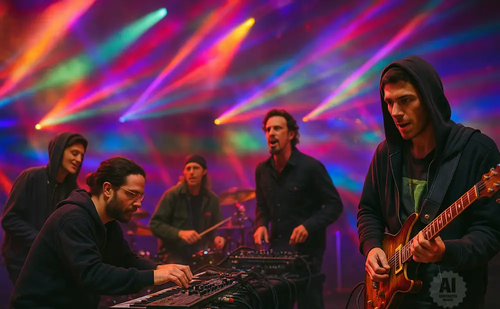 Musicians perform on stage with colorful stage lights. One plays guitar, one uses a keyboard, one sings, and one plays drums.