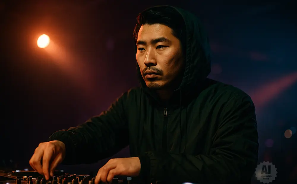 A man in a dark hoodie DJs, hands on the controls, illuminated by a soft orange spotlight.