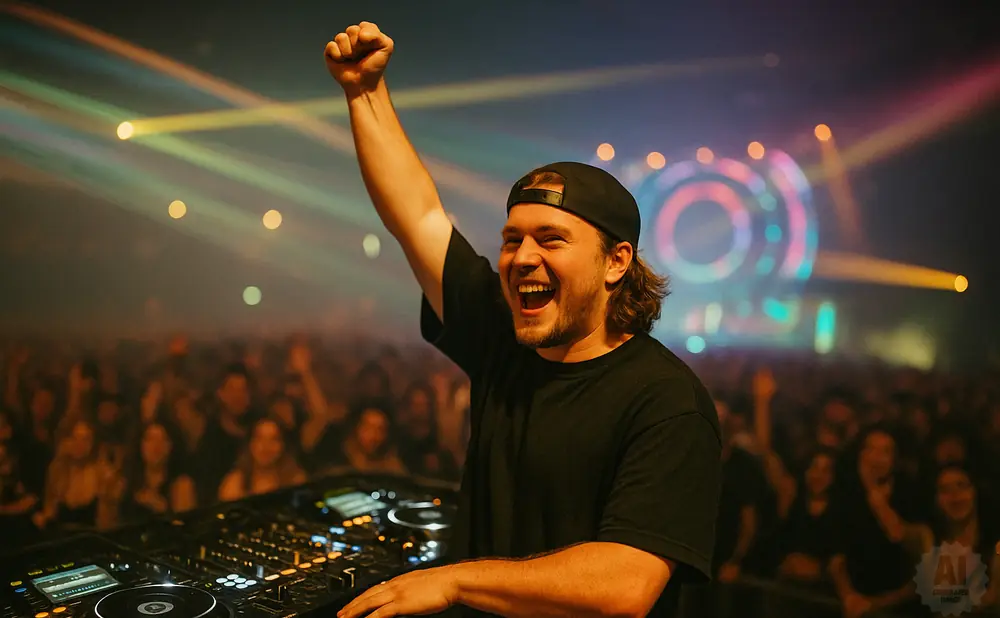 DJ with arm raised in celebration at a lively concert with colorful stage lights and a cheering crowd.
