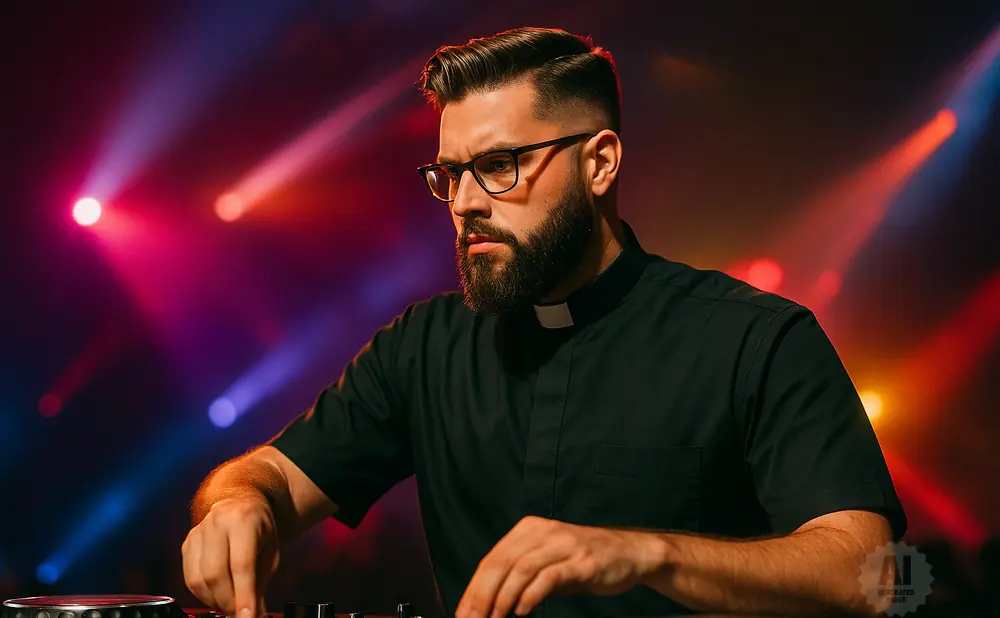 A man with glasses and a beard wearing a priest's collar works a DJ mixer, with colorful stage lights in the background.