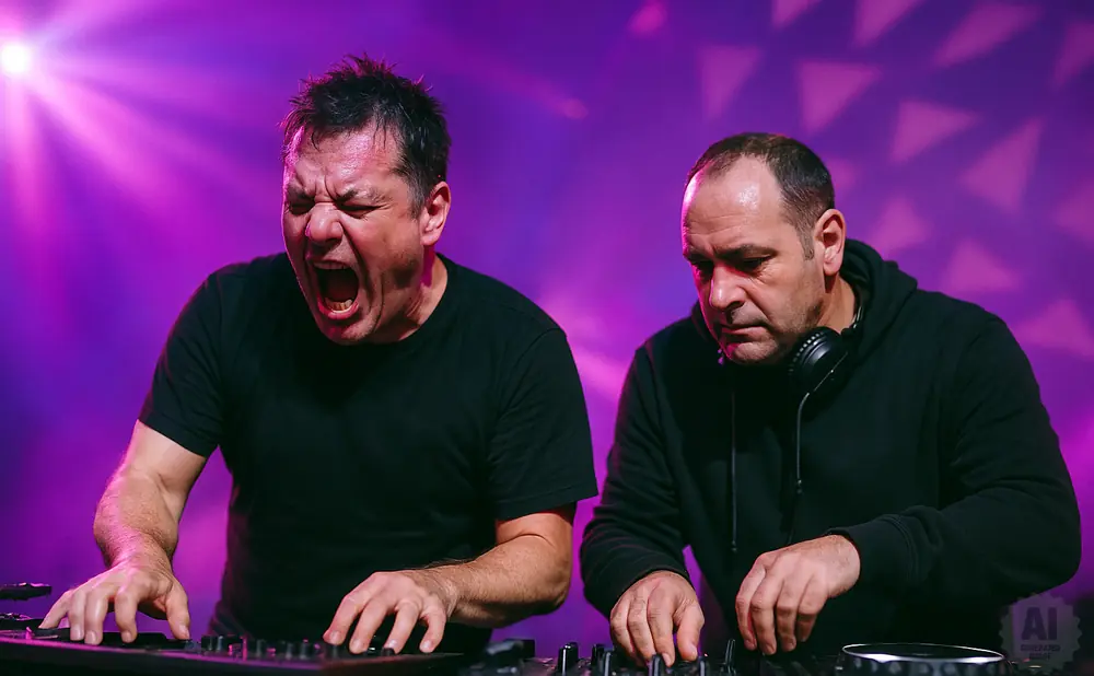 Two DJs performing on stage with purple lighting. One DJ is shouting and playing on a keyboard.