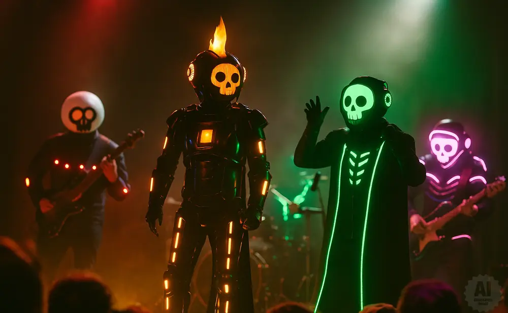 Band members in skull masks and illuminated costumes perform on stage with guitars and drums.