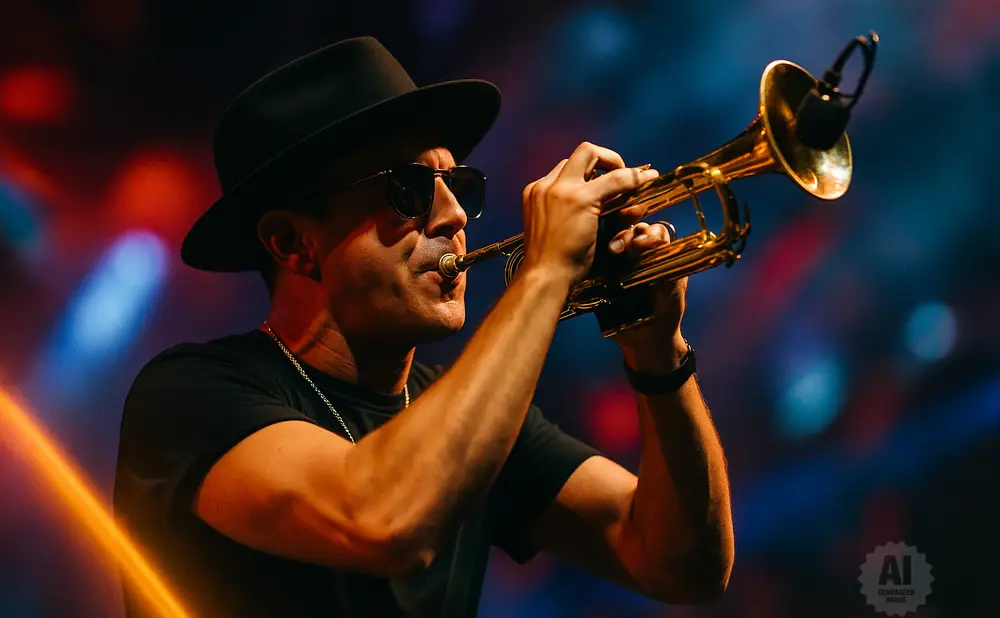 A man in a black hat and sunglasses plays a trumpet on a dimly lit stage with colorful lights.