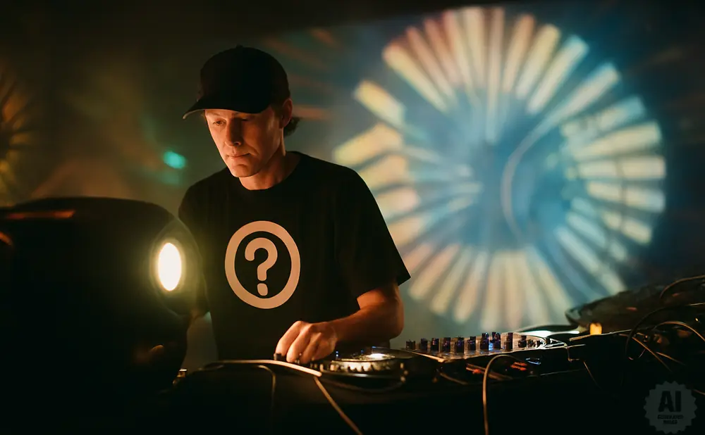 DJ in a black t-shirt with a question mark logo, wearing a baseball cap, at a turntable with a light shining.