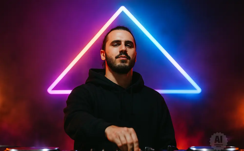 DJ performing in front of a neon triangle with purple and blue lighting.