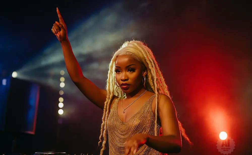 A blonde DJ with dreadlocks, wearing a gold dress, raises her finger while working at a DJ setup in a dimly lit room with red and blue lights.
