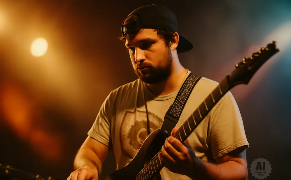 Man in a black baseball cap playing an electric guitar on stage under warm lighting.