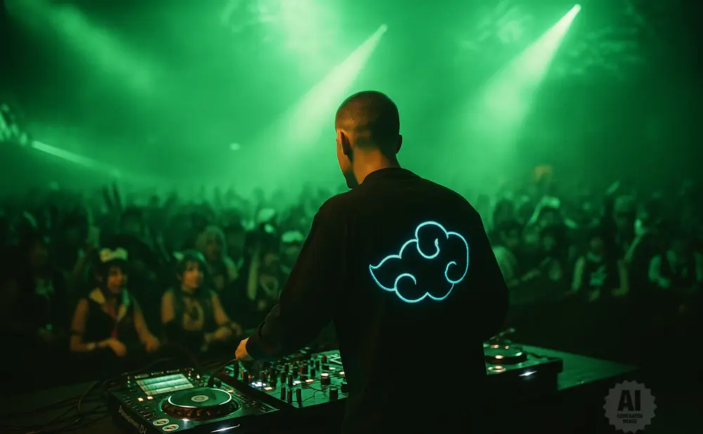 DJ at a console with a crowd in the background, illuminated by green spotlights.