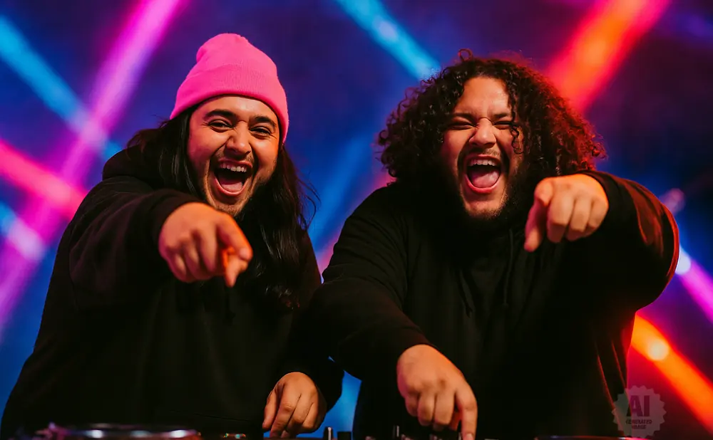 Two DJs in black hoodies and a pink beanie laugh and point at the camera, with colorful stage lights in the background.