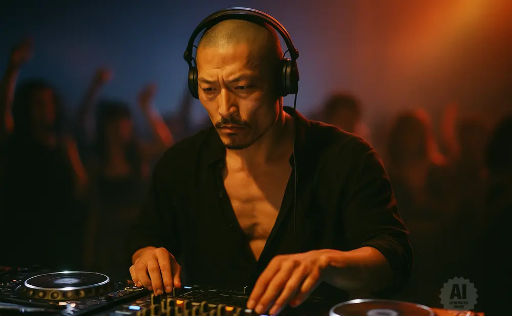A bald DJ wearing headphones, intently mixing music on a console in a dimly lit club with a crowd in the background.