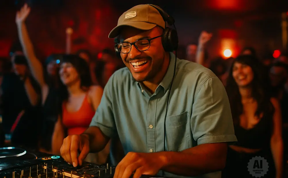 DJ with headphones and a wide smile plays music on a console, with a blurred crowd dancing in the background.