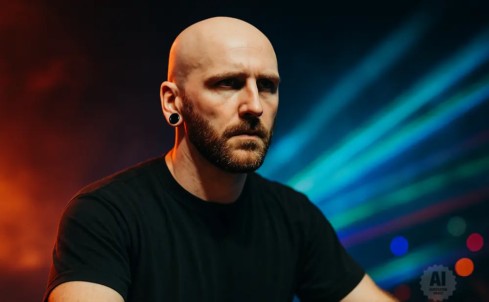 Bald man with a beard and a black ear plug, wearing a black t-shirt, with blurred orange and blue lights in the background.