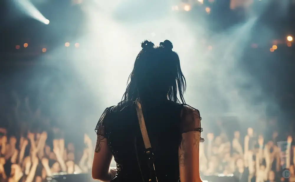 a rear view photo of chelsea wolfe performing a concert on stage to a lively audience