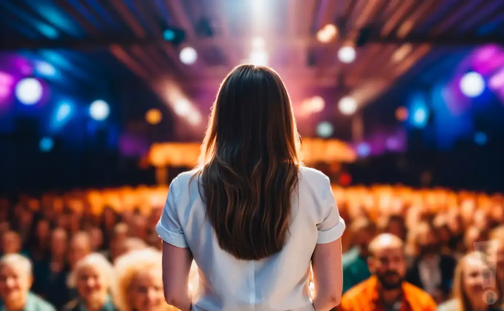 a rear view photo of pub choir performing a concert on stage to a lively audience