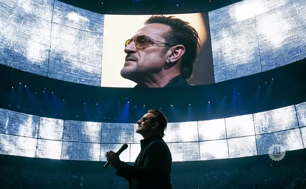 A rear view photo of V-U2: An Immersive Concert Film performing a concert on stage to a lively audience