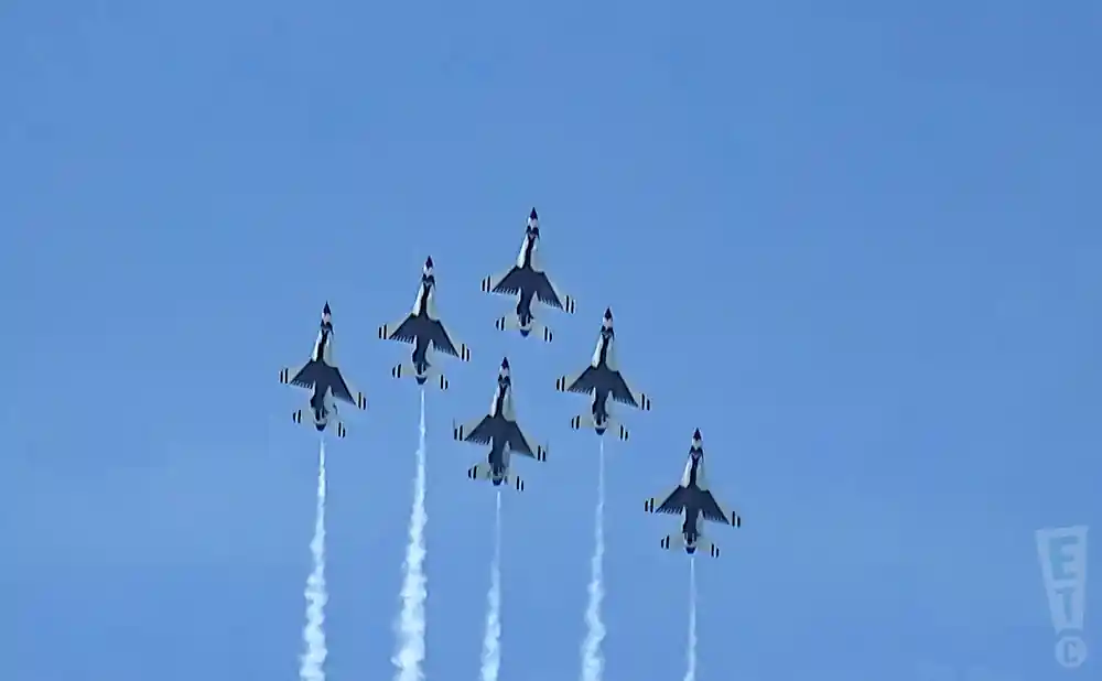 six jets flying in formation at the oc air show.