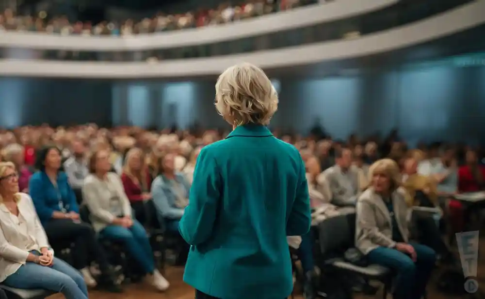 photograph of ann patchett giving a lecture of a full audience of people in an indoor theater