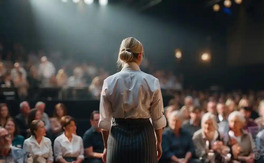 photograph of erin french giving a lecture of a full audience of people in an indoor theater