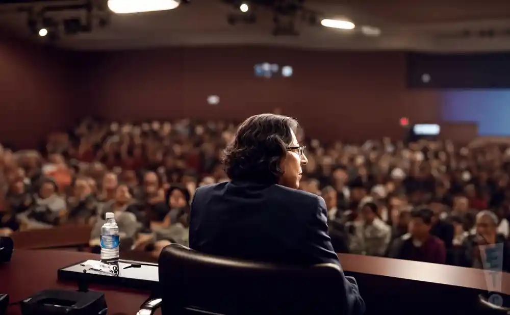 photograph of fran lebowitz giving a lecture of a full audience of people in an indoor theater