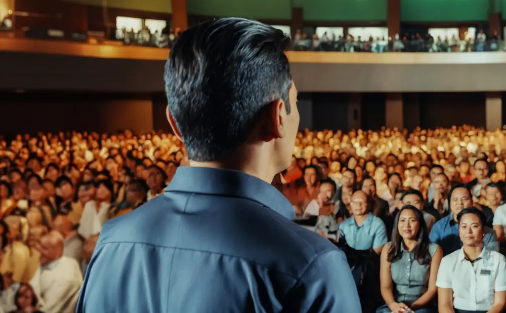 photograph of gary valenciano giving a lecture of a full audience of people in an indoor theater